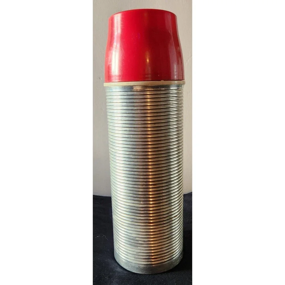 Vintage Thermos Ribbed Aluminum Red Top Vacuum Bottle Model # 2484 - Quart Size